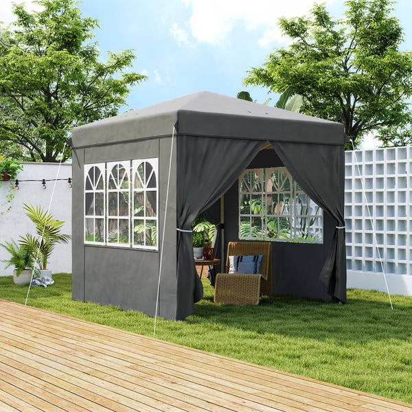 Outsunny Pavillon 2,5x2,5m, wasserabweisend Stabil Winterfest Pop-up Faltpavillon, UV Schutz 50+, Faltbar Partyzelt Gartenzelt mit 4 Seitenteilen Tasche Gartenpavillon für Camping Garten, Dunkelgrau