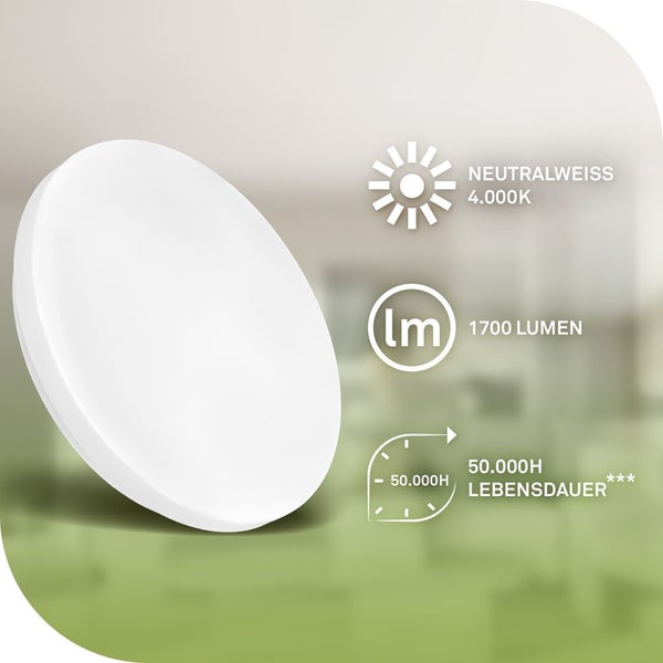 Flache LED-Leuchte mit neutralweissem Licht von 4000 Kelvin, 1700 Lumen und einer Lebensdauer von 50000 Stunden