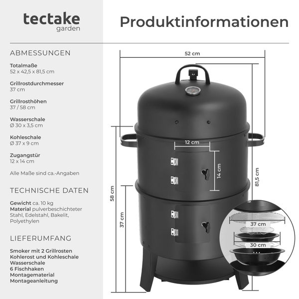 Tectake Logo und Infografik eines Smoker Grills mit Maßen, technischen Daten und Lieferumfang.
