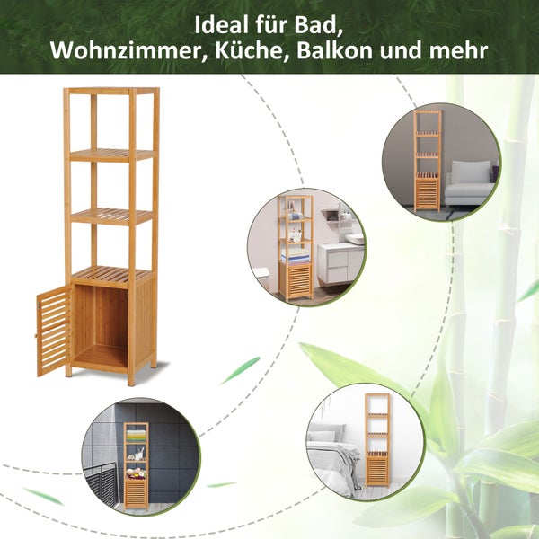 HOMCOM Badezimmerschrank schmal, Hochschrank Toilettenschrank mit 3 offenen Fächern, Badschrank Bambus für kleine Räume, Wohnzimmer, Badezimmer 36 x 33 x 140 cm Natur