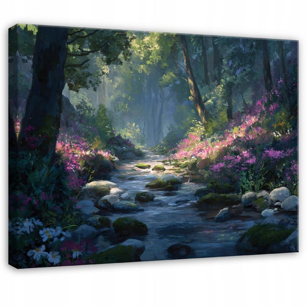 Gemälde eines Baches im Wald mit Blumen