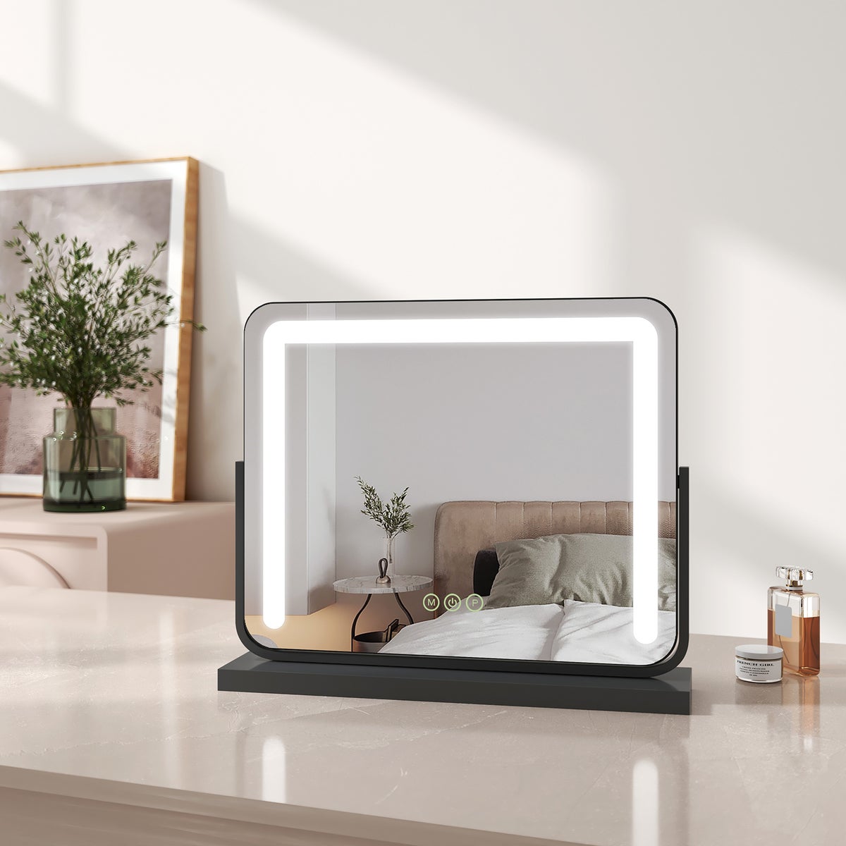 EMKE Schminkspiegel mit Beleuchtung LED Kosmetikspiegel Drehbar Make Up Spiegel mit Touchschalter, 3 Lichtfarben Dimmbar und Memory-Funktion, Schwarz, 50x41,6cm