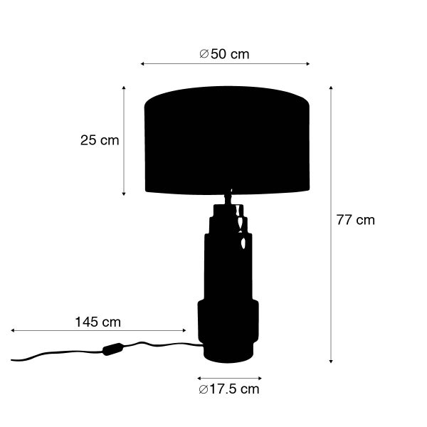 Abmessungen einer Tischlampe, Gesamthöhe 77 cm, Lampenschirmdurchmesser 50 cm, Lampenfußdurchmesser 17,5 cm, Kabellänge 145 cm