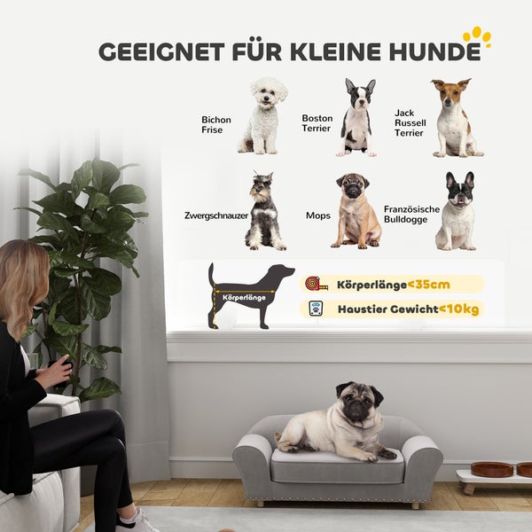 PawHut Hundesofa für kleine Hunde, Hundebett mit abnehmbarem und waschbarem Kissen, Haustiersofa mit Nietendekoration, 10 kg, Grau