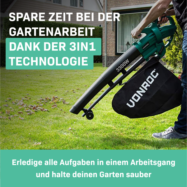 VONROC Laubsauger Elektro 3300W - Laubsammler 3 in 1 Funktion - Blasen 270km/h, Saugen, Zerkleinern - Inkl. 40l Sammelbeutel