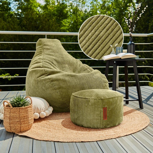 Green Bean Sitzsack mit Hocker aus Cord - Sitzsäcke für das Wohnzimmer, Schlafzimmer, Sitzsack-Sessel für Erwachsene Grün