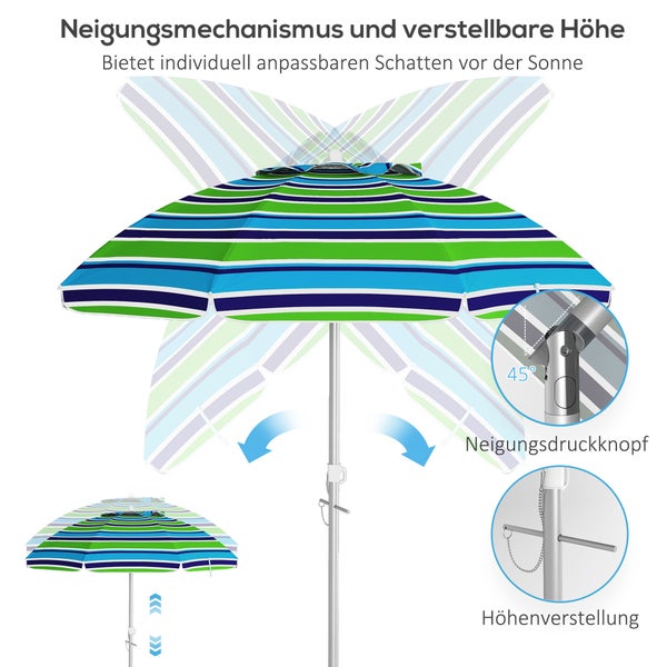Gestreifter Sonnenschirm mit Neigungsmechanismus und verstellbarer Höhe, inklusive Detailansichten vom Neigungsdruckknopf und der Höhenverstellung.
