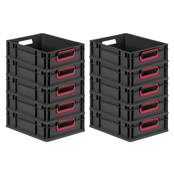 PROREGAL SparSet 10x Eurobox NextGen Color, HxBxT 12x30x40cm, 11 Liter, Griffe rot offen, Schwarz, Eurobehälter, Transportbox, Transportbehälter, Stapelbehälter
