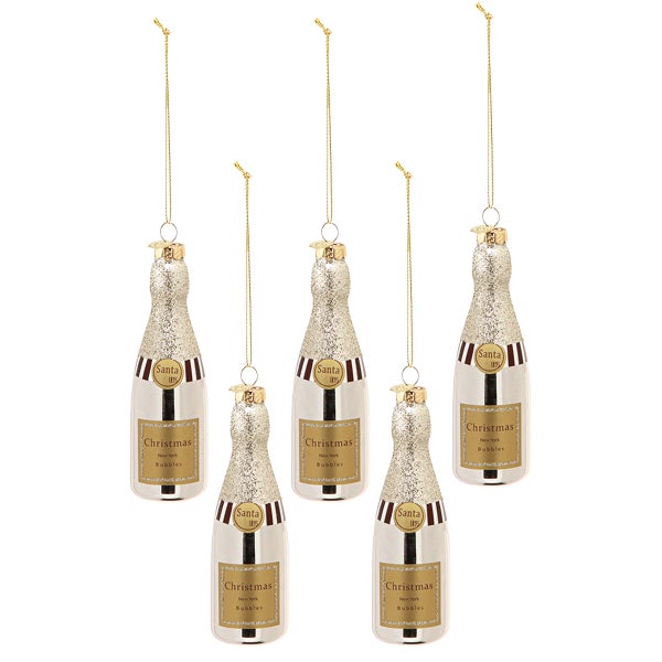 Fünf Champagnerflaschen als Weihnachtsbaumschmuck mit Aufhängern