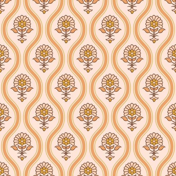 Nahtloses florales Muster mit stilisierten Blumenmotiven und gewundenen Linien.