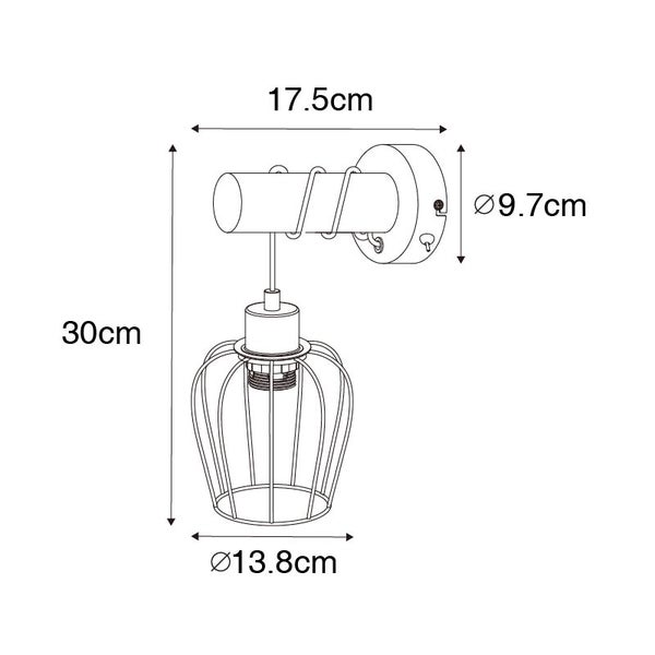 Technische Zeichnung einer Wandleuchte mit den Maßen 17,5 cm Breite, 9,7 cm Durchmesser der Wandhalterung, 30 cm Höhe und 13,8 cm Durchmesser des Lampenschirms.