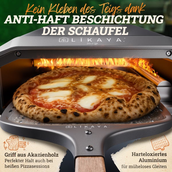 Pizza im Pizzaofen auf Pizzaschaufel mit Antihaftbeschichtung von LIKAYA