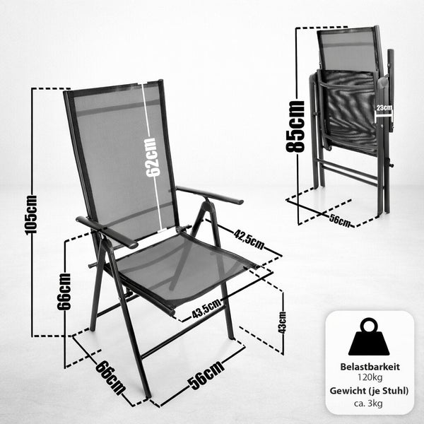 Klappstuhl mit Maßangaben zur Verwendung im Garten oder auf der Terrasse inklusive Informationen zu Belastbarkeit und Gewicht.