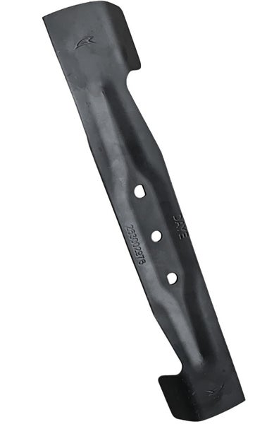 Rasenmähermesser aus schwarzem Metall mit drei Montagebohrungen.