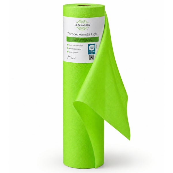 Grüne Tischdeckenrolle Sensalux Light aus wasserabweisendem Vlies, Oeko-Tex Standard 100 zertifiziert, 50 Gramm pro Quadratmeter.
