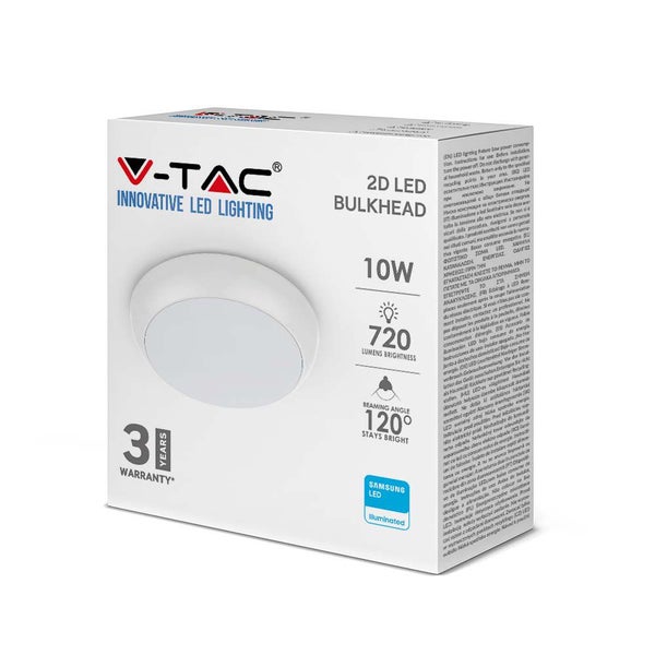 V-TAC Logo. 2D LED Bulkhead mit 10 Watt, 720 Lumen Helligkeit, 120 Grad Abstrahlwinkel und drei Jahren Garantie.