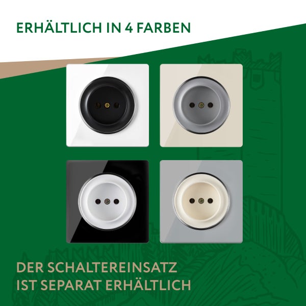 Vier verschiedene Schuko Steckdosen Rahmen im Vergleich, der Schaltereinsatz ist separat erhältlich.