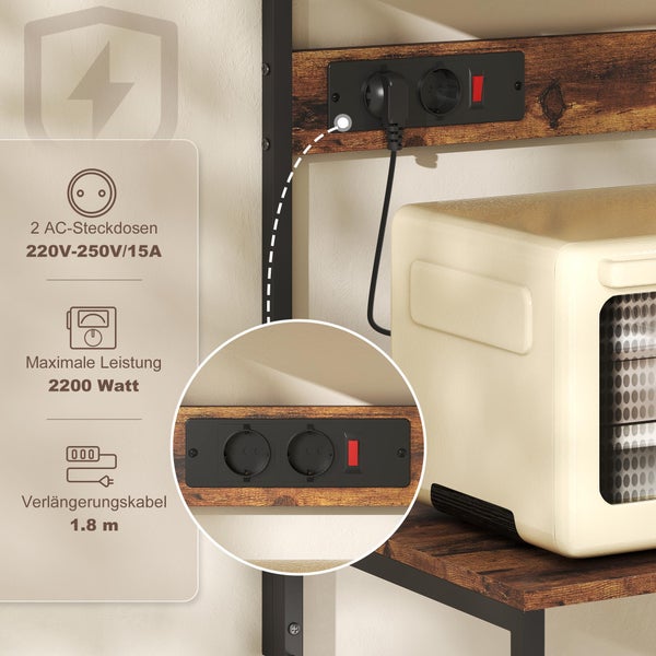 Küchenregal mit Überspannungsschutz, zwei integrierten Steckdosen, Ein-Aus-Schalter, 2200 Watt Leistung und 1.8 Meter Verlängerungskabel.
