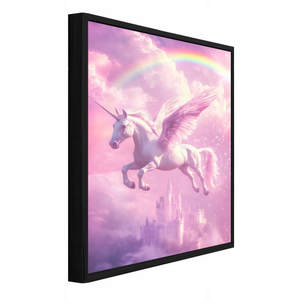 Wandbild mit Motiv eines fliegenden Einhorns vor einem Schloss mit Regenbogen im schwarzen Rahmen.