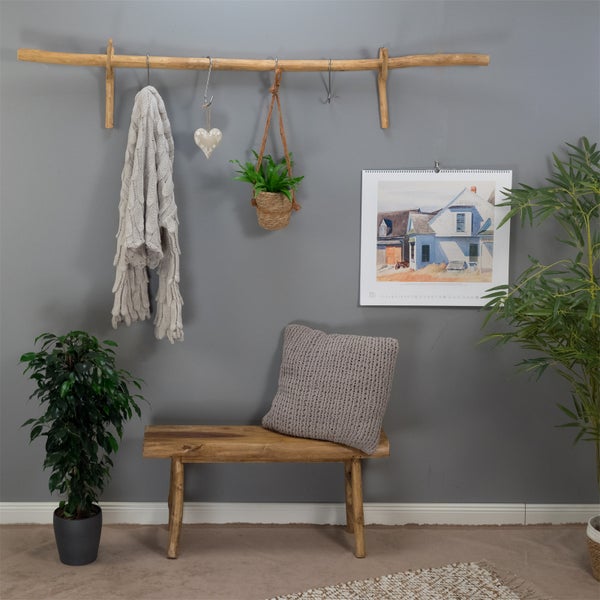 Gardinenstange Vara 170 cm, Teak Massivholz mit Ast-Wandhaken