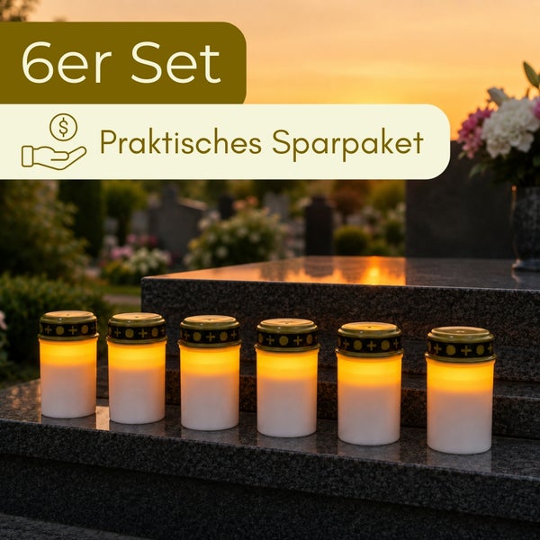 Sechs brennende Grablichter im Sparpaket auf einem Grabstein auf dem Friedhof bei Sonnenuntergang.