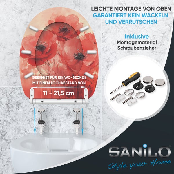 Sanilo WC-Sitz mit Mohnblumen-Motiv, inklusive Montagematerial und Schraubenzieher für eine einfache Montage von oben.