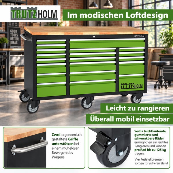 Trutzholm Werkstattwagen mit Holzplatte, 15 Schubladen und 6 Rollen im Loftdesign für mobile Aufbewahrung von Werkzeugen in der Werkstatt.