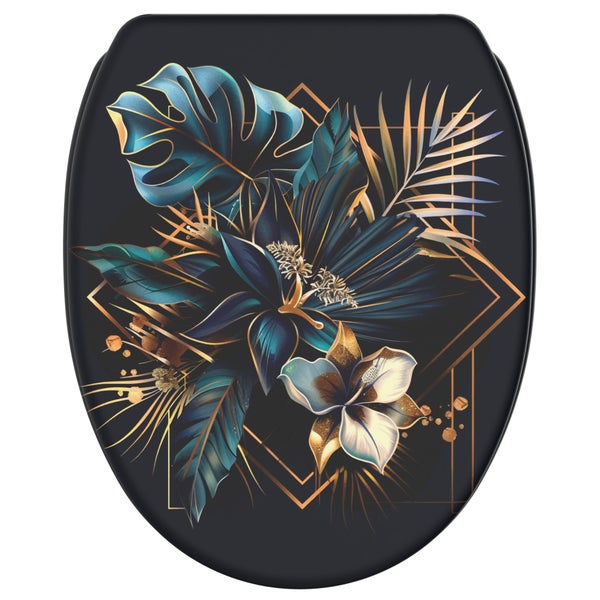 Toilettensitz mit dekorativem Blumen- und Palmenblattmotiv in einem geometrischen Rahmen.