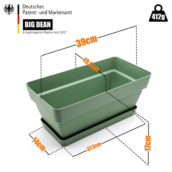 BigDean 3 Stück Blumenkasten 39 cm aus bruchfestem Kunststoff in Olivgrün – Balkon Pflanzkasten für innen & außen geeignet – Made in Europe