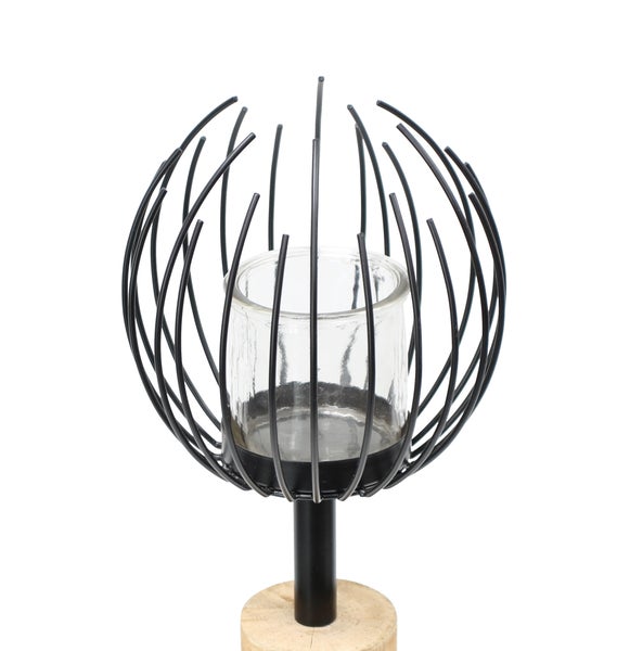 FRANK FLECHTWAREN | Windlicht-Säule Blütenkorb, KIEFER, METALL, GLAS, 20 x 20 x 85 cm