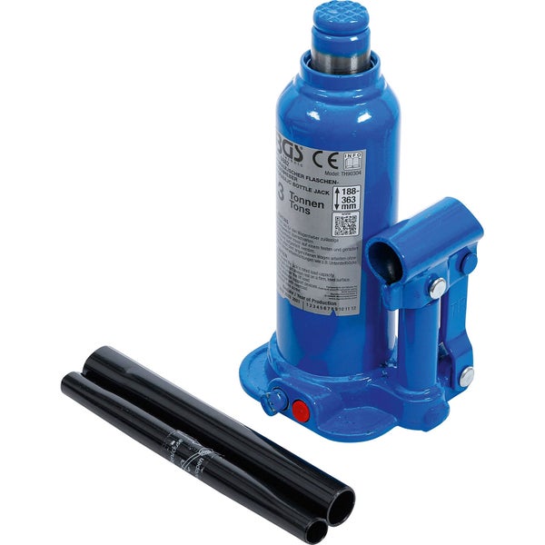 Blauer hydraulischer Flaschenwagenheber aus Metall, BGS Technic Logo, 3 Tonnen Tragkraft, schwarze Hebelstange. Hubhöhe 188 bis 363 Millimeter.