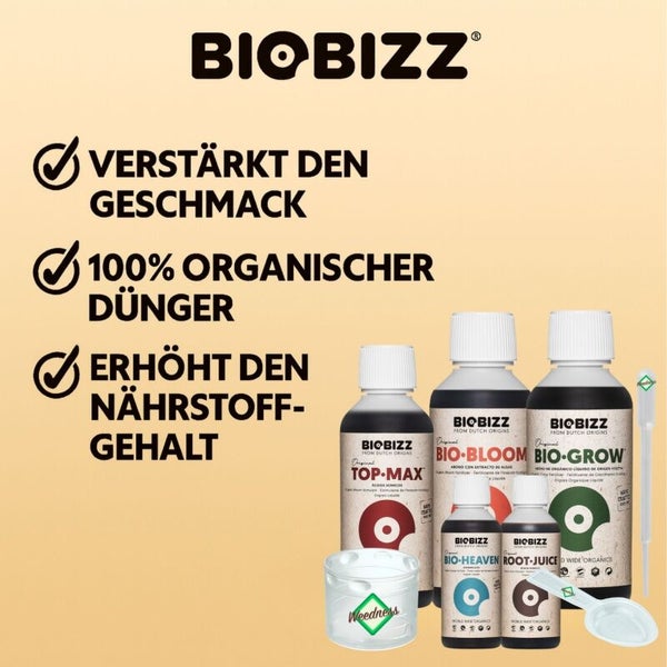 Biobizz Logo. 100 Prozent organischer Dünger im Starters Pack mit Bio-Bloom, Bio-Grow, Top-Max, Bio-Heaven und Root-Juice sowie Zubehör.