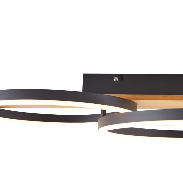 Moderne LED Deckenleuchte mit zwei kreisförmigen Lichtelementen und Holzelementen