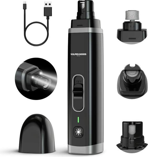Elektrischer Krallenschleifer für Haustiere mit LED Beleuchtung, USB Ladekabel und verschiedenen Aufsätzen, Vulpes Goods Logo.