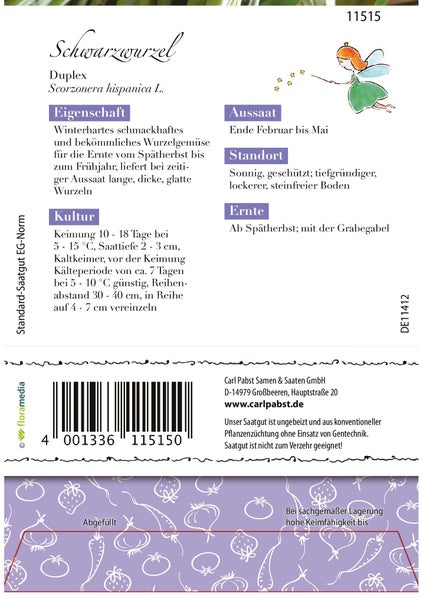 Rückseite einer Samentüte für Schwarzwurzel Duplex mit Informationen zu Aussaat von Ende Februar bis Mai, Standort und Ernte.