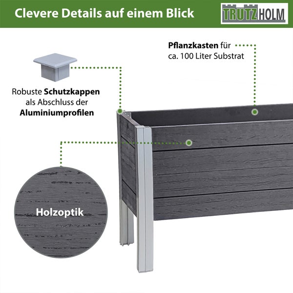 Details eines Pflanzkastens mit Holzoptik, Aluminiumprofilen und Schutzkappen sowie einem Fassungsvermögen von circa 100 Litern Substrat