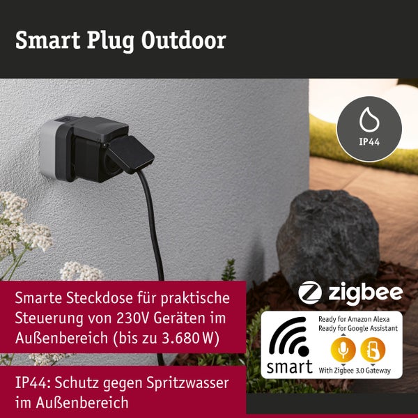 Smarte Außensteckdose an der Wand, 230 Volt bis 3680 Watt, spritzwassergeschützt IP44, Zigbee Logo, Amazon Alexa Logo, Google Assistant Logo.