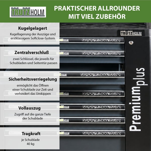 Trutzholm Werkstattwagen Premium Plus mit kugelgelagerten Schubladen und Softclose System sowie Sicherheitsverriegelung.