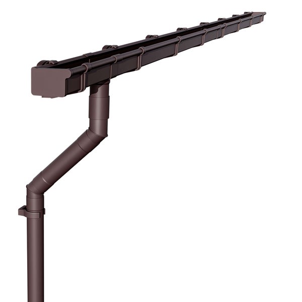 Braune Kastenrinne aus Kunststoff mit Fallrohr und Endstück zur Dachentwässerung.