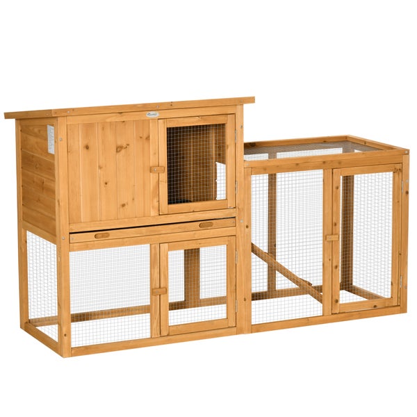 PawHut Kaninchenstall Kleintierstall mit herausnehmbarer Bodenwanne und Rampe Kleintierhaus Kleintierkäfig Outdoor Indoor Tannenholz Orange 141 x 60 x 86 cm