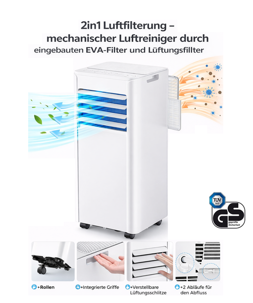Mobiles Klimagerät mit zwei in eins Luftreinigung, EVA Filter, Rollen, Griffen, verstellbaren Lamellen, zwei Abflüssen, TÜV Süd und Geprüfte Sicherheit.