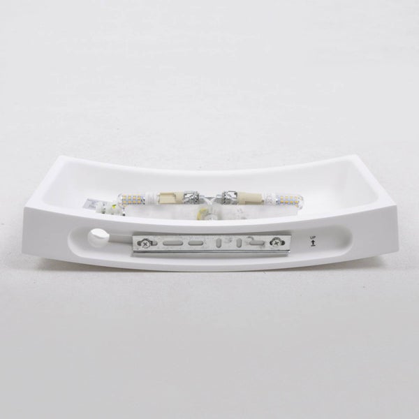 Innenansicht einer gebogenen weißen LED-Wandleuchte mit Montageschiene und zwei LED-Leuchtmitteln.