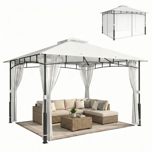 Gartenpavillon mit Metallgestell, weißem Dach und Seitenvorhängen, inklusive Loungetisch und Ecksofa aus Geflecht.