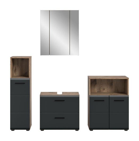 Badezimmer-Möbelset in Eiche-Optik und Anthrazit bestehend aus Spiegelschrank, Hochschrank, Waschbeckenunterschrank und Beistellschrank.