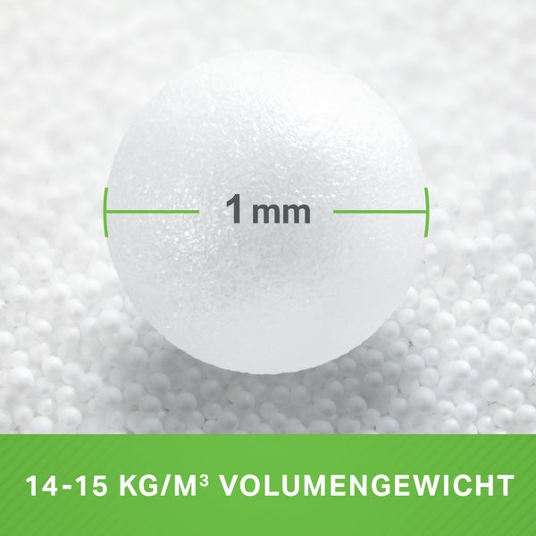 EPS Perlen als Dämmstoff mit einem Millimeter Durchmesser und 14 bis 15 Kilogramm pro Kubikmeter Volumengewicht.
