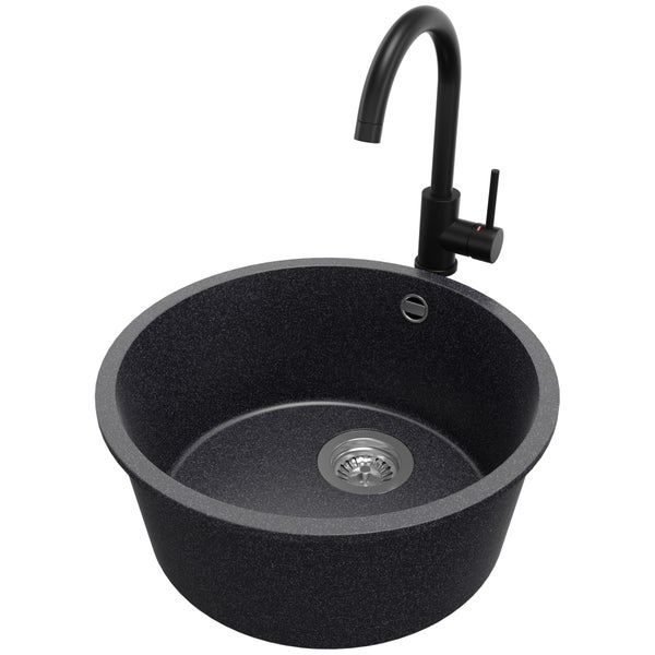 PRIMAGRAN Granitspüle Anthrazit 46x46cm, Spülbecken Rund 1 Becken + Küchenarmatur 32x20cm + Ablauf-Set, Küchenspüle ab 50er Unterschrank - Valletta Slim