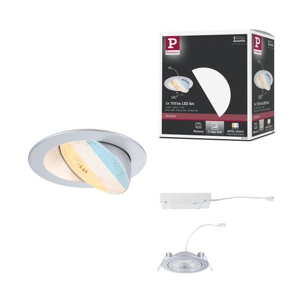 Paulmann LED Einbaustrahler Set Aumus, schwenkbar, 750 Lumen, Chrom matt, mit 3-Stufen-Dimmung, White Select und Memory-Funktion.