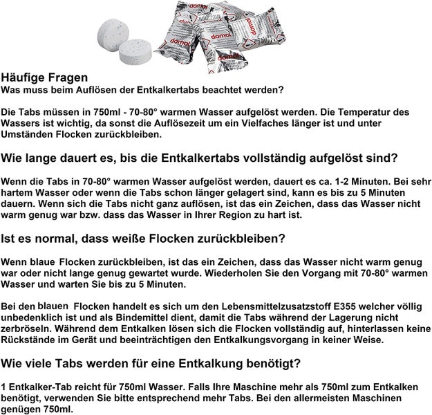 Domol 100x Entkalker Kaffeevollautomat und Kaffeemaschine, Entkalkungstabletten für Jura, Siemens, Krups, Philips, Miele, Melitta, WMF, Delonghi, Bosch Kompatibel