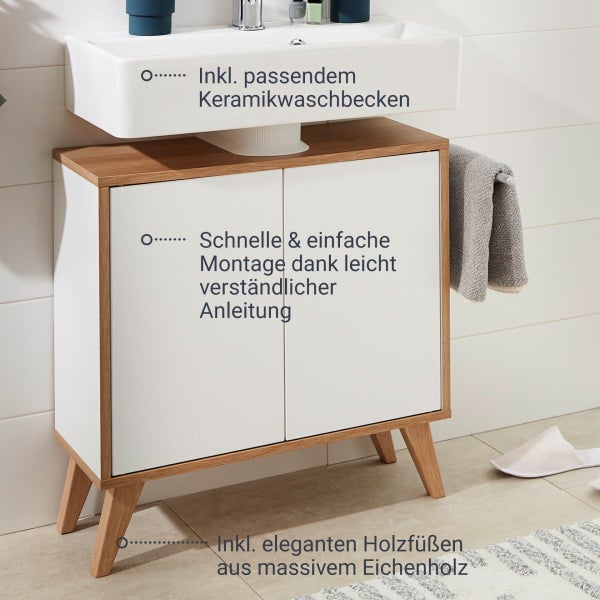 FACKELMANN FINN Badmöbel Set 3 Teile / Waschbecken / Waschbeckenunterschrank / 4 Holzfüße / Badschrank mit Push-to-Open / Korpus & Front: Weiß / Rahmendekor & Füße: Braun hell / Breite: 60 cm
