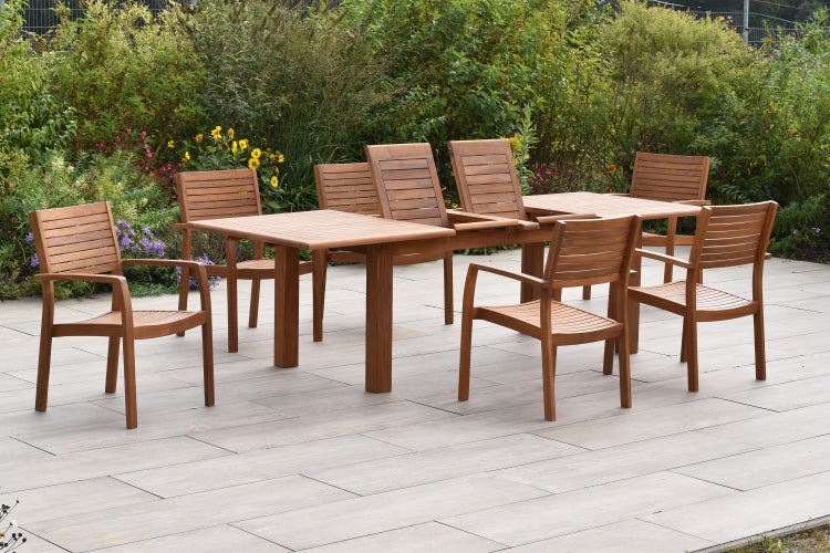 Batavia Set 7tlg., 6 Stapelsessel, Doppelausziehtisch 180 (220/260) x 100 cm, Akazie